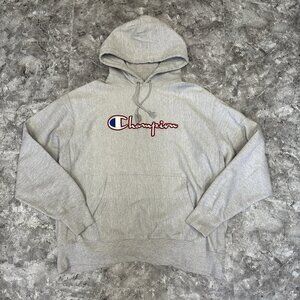 Champion Hoodie Mens XL Gray Spell Out Pullover Fleece Logo Reverse Weave